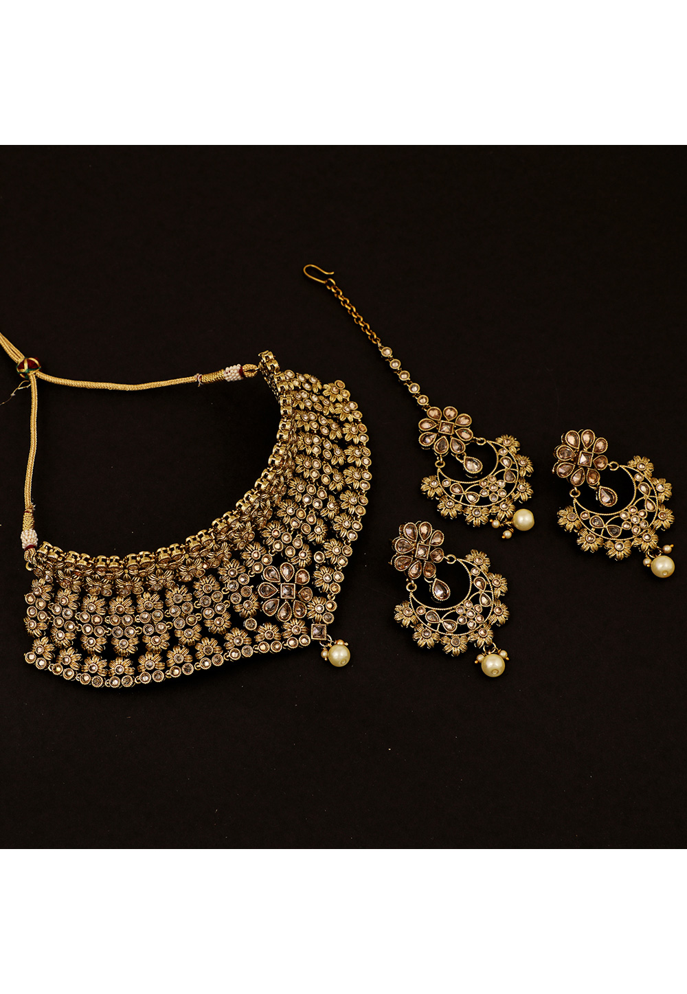 Golden Brass Pearl Set With Earrings and Maang Tikka 161177
