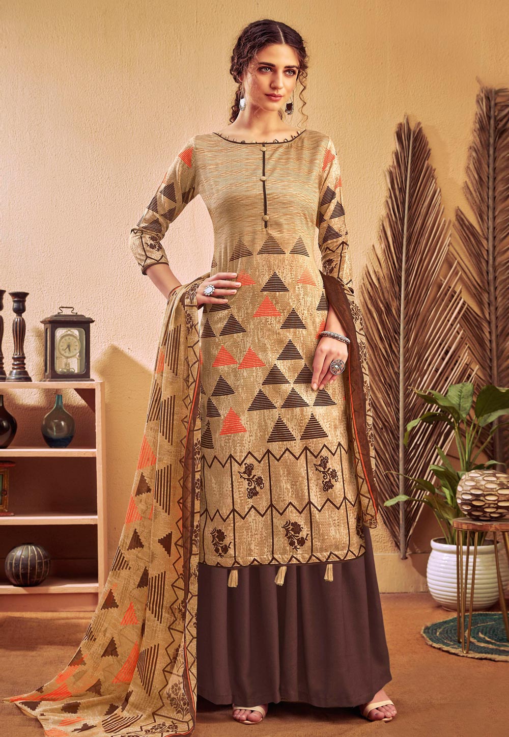 Beige Cotton Printed Palazzo Suit 200515