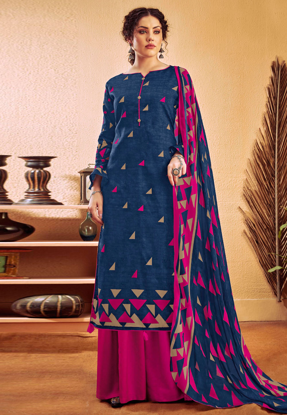 Navy Blue Cotton Printed Palazzo Suit 200519