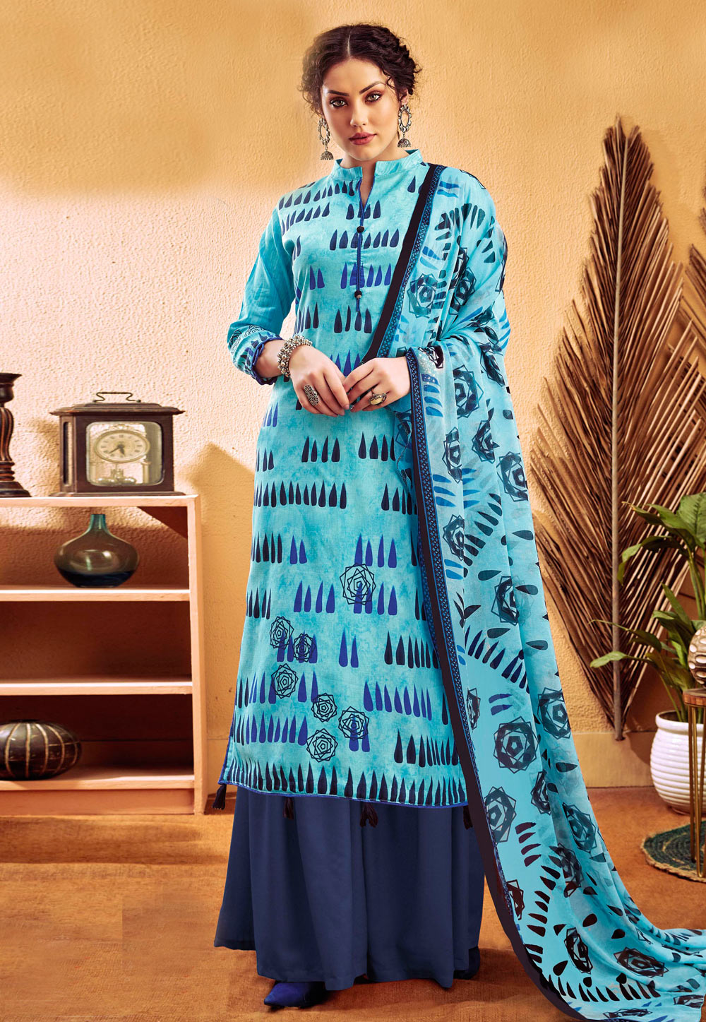 Sky Blue Cotton Printed Kameez With Palazzo 200522