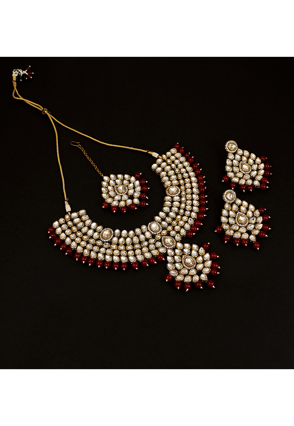 Red Brass Pearl Set With Earrings and Maang Tikka 161185