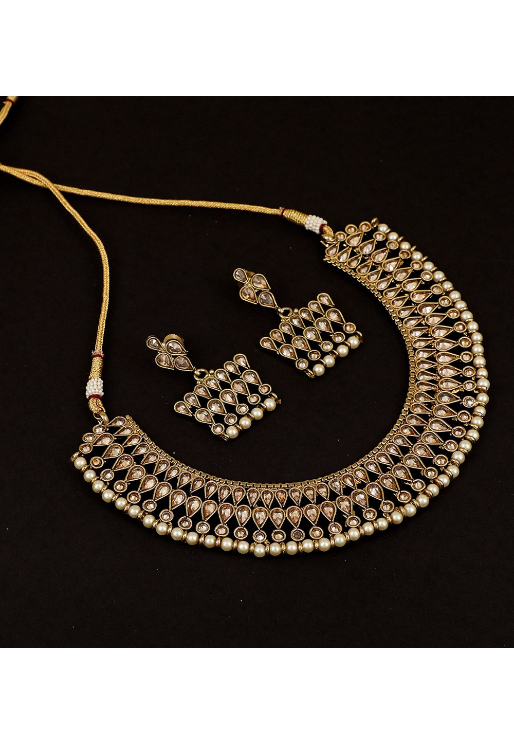 Golden Brass Pearl Set With Earrings 161188