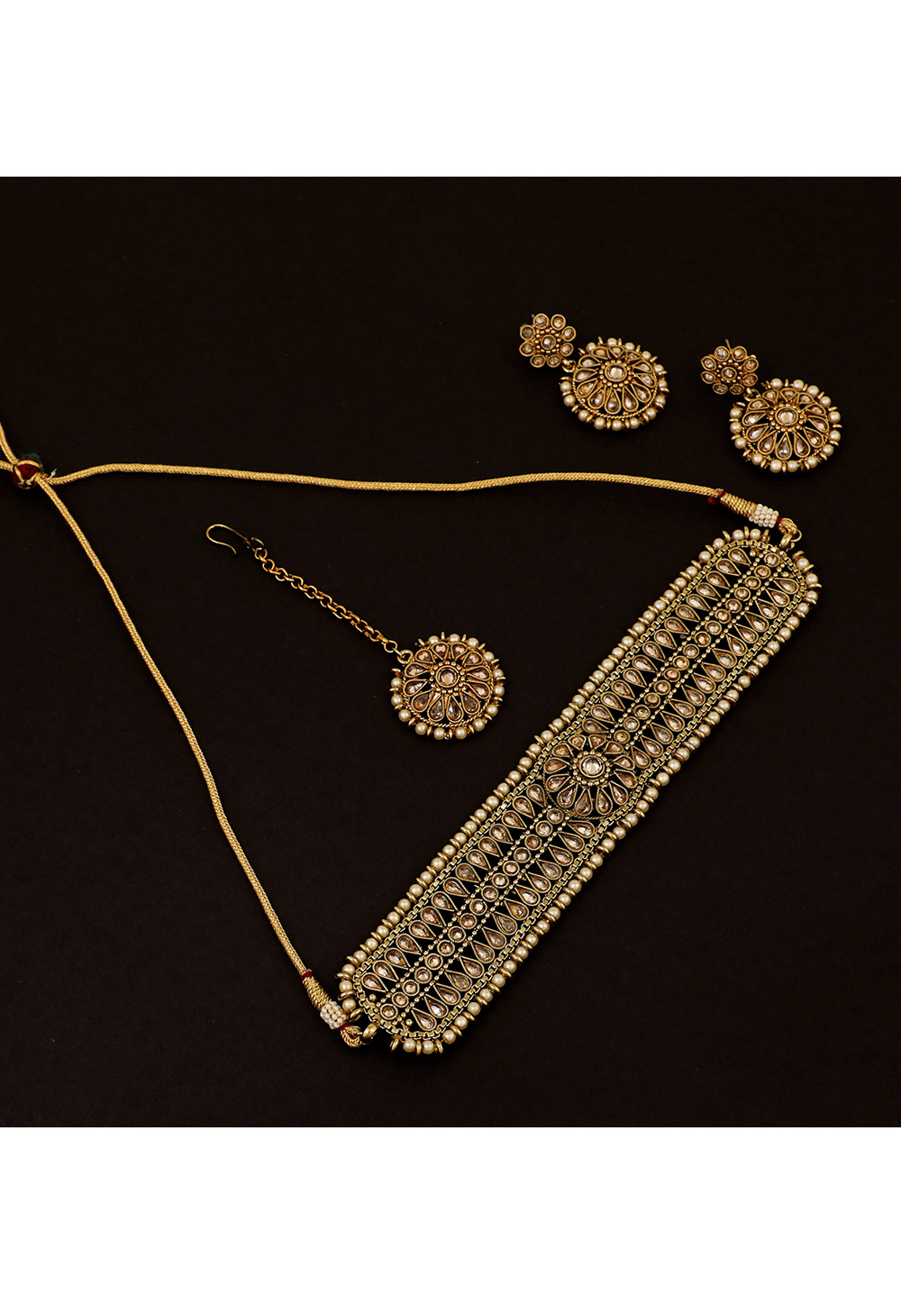 Golden Brass Pearl Set With Earrings and Maang Tikka 161189