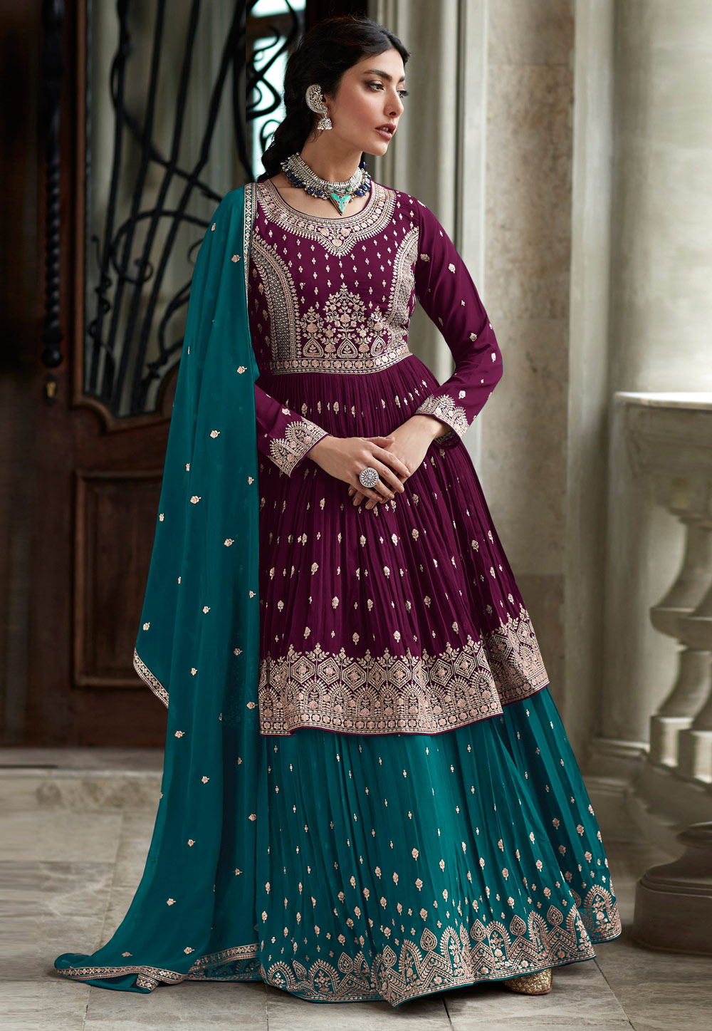 Teal Faux Georgette Long Choli Lehenga 263954