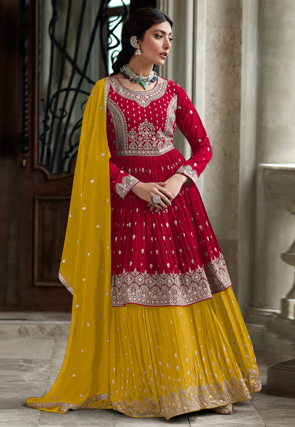 Yellow Faux Georgette Indo Western Lehenga Choli 263955
