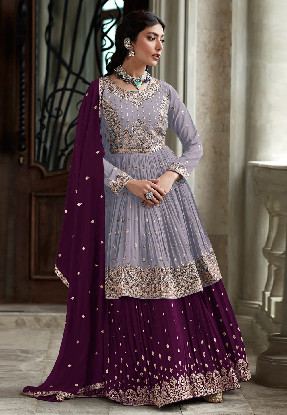 Purple Faux Georgette Long Choli Lehenga 263956