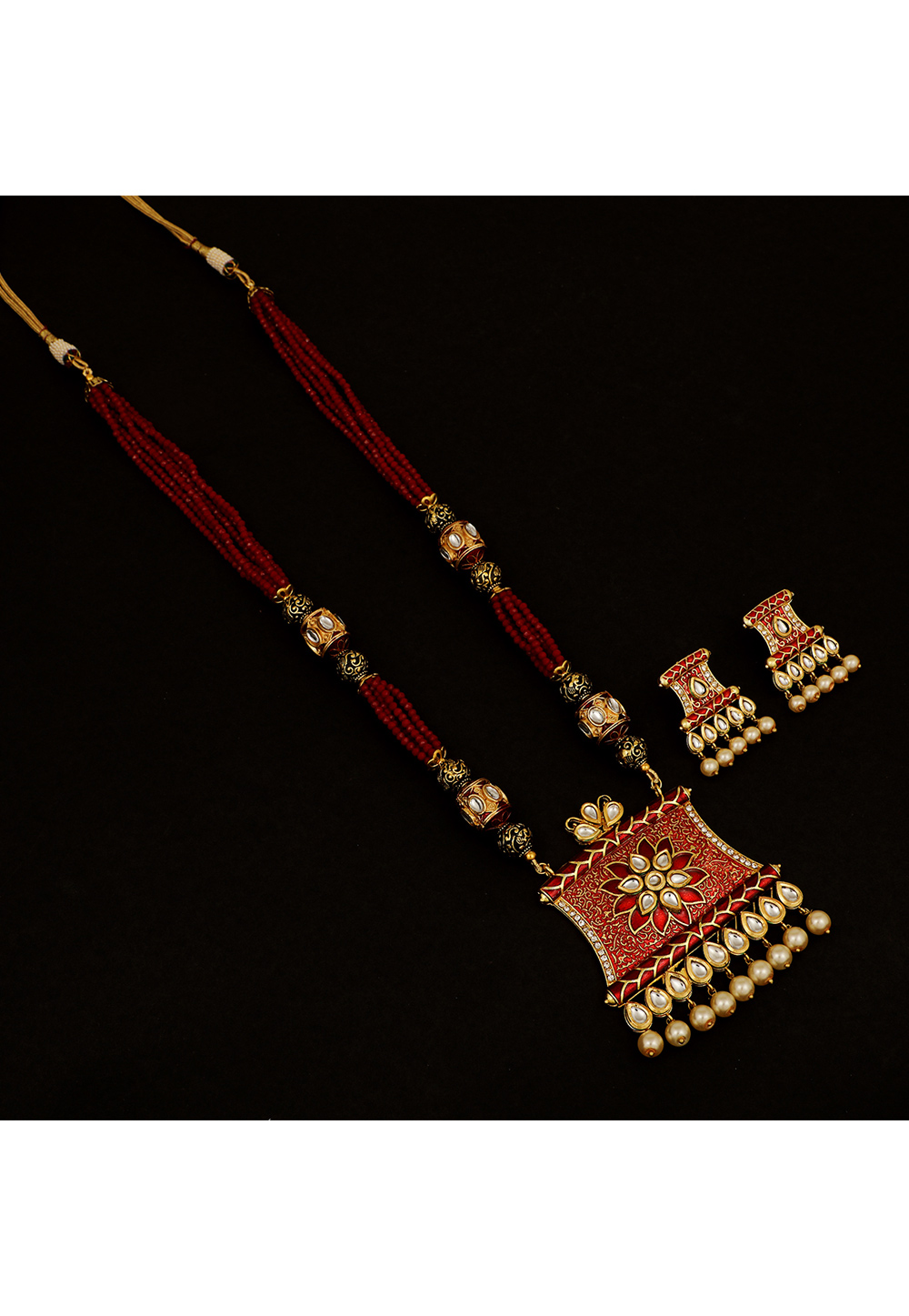 Maroon Brass Kundan Necklace Set With Earrings 161195
