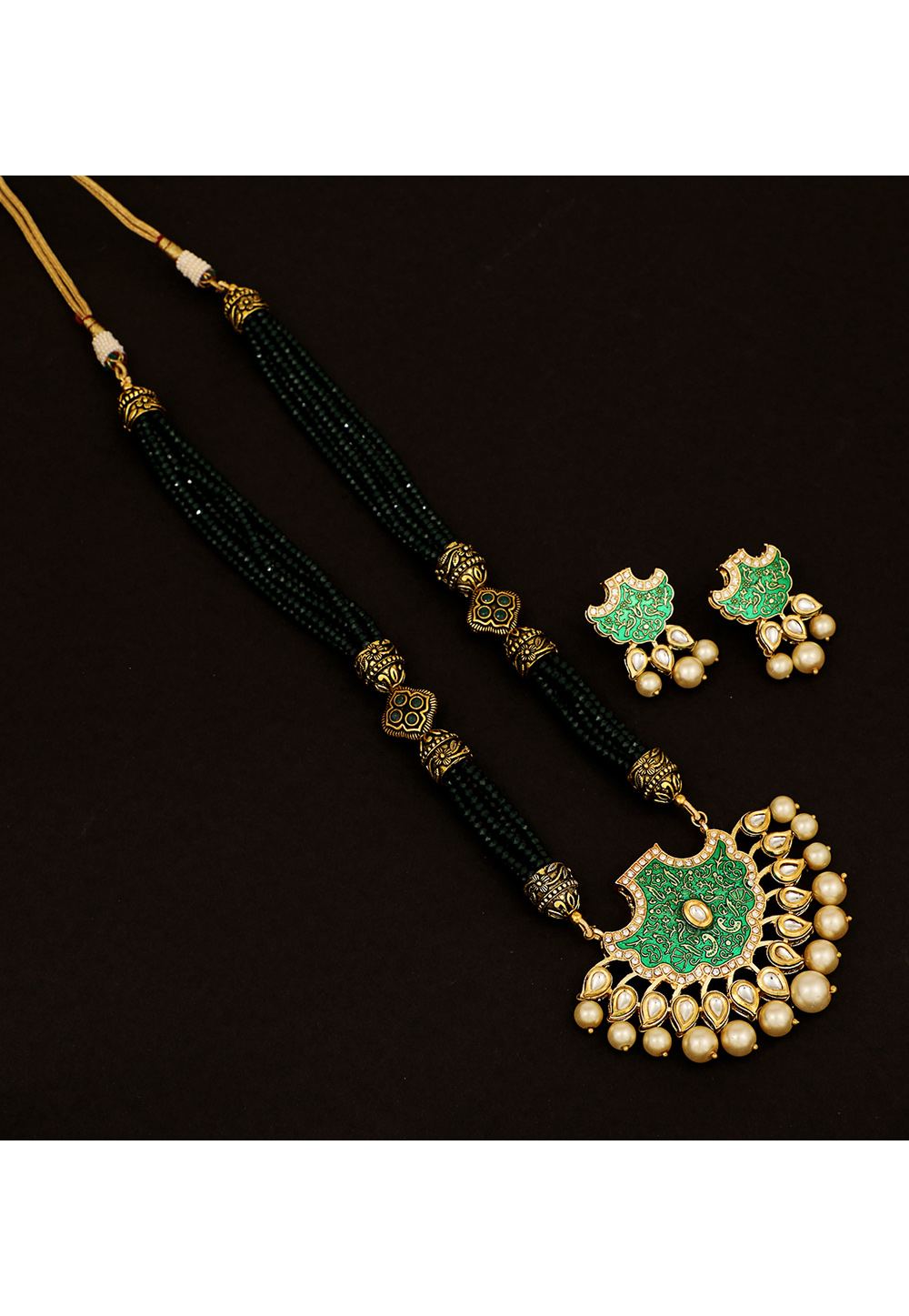 Green Brass Kundan Necklace Set With Earrings 161196