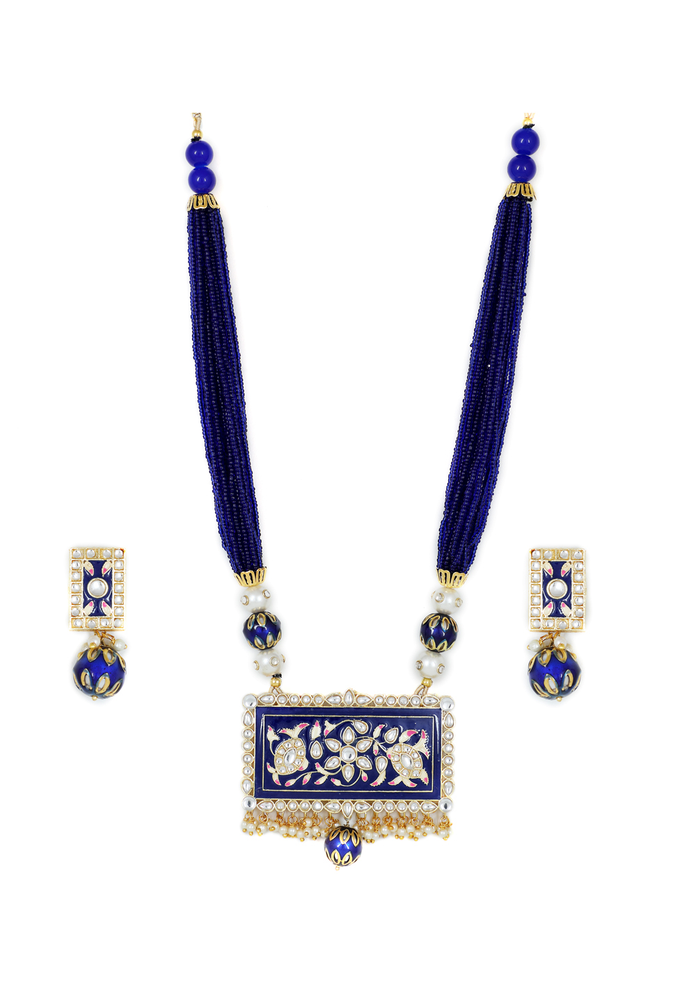 Blue Brass Kundan Necklace Set With Earrings 161197