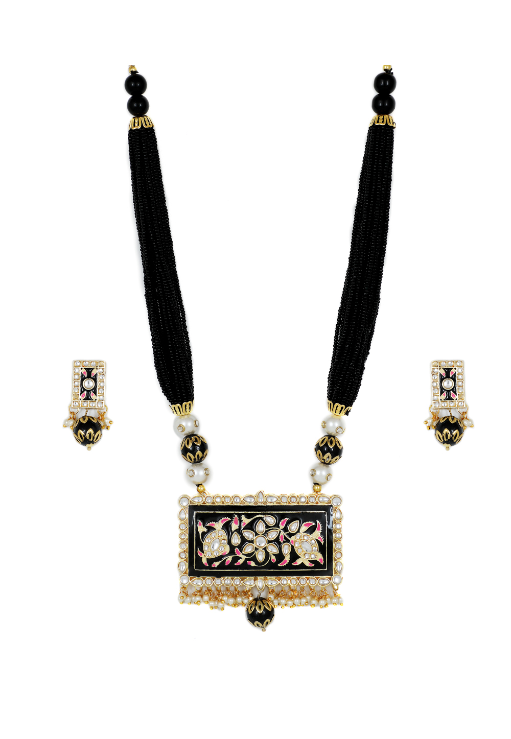 Black Brass Kundan Necklace Set With Earrings 161198