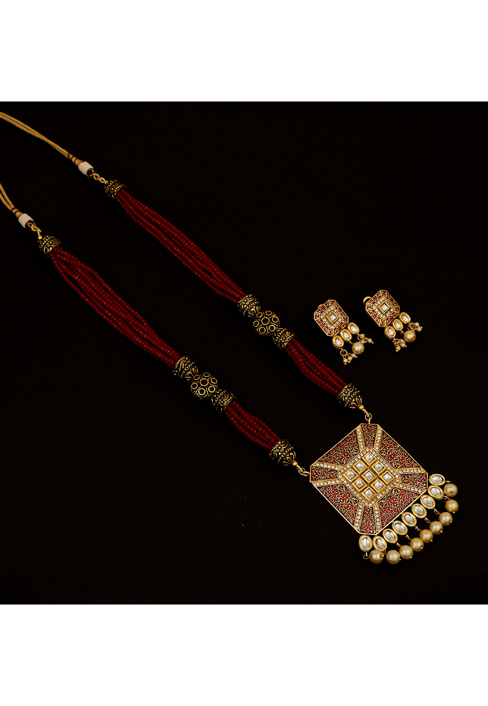 Maroon Brass Kundan Necklace Set With Earrings 161199