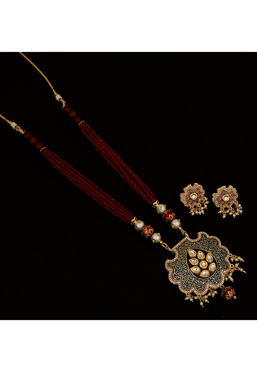 Maroon Brass Kundan Necklace Set With Earrings 161200