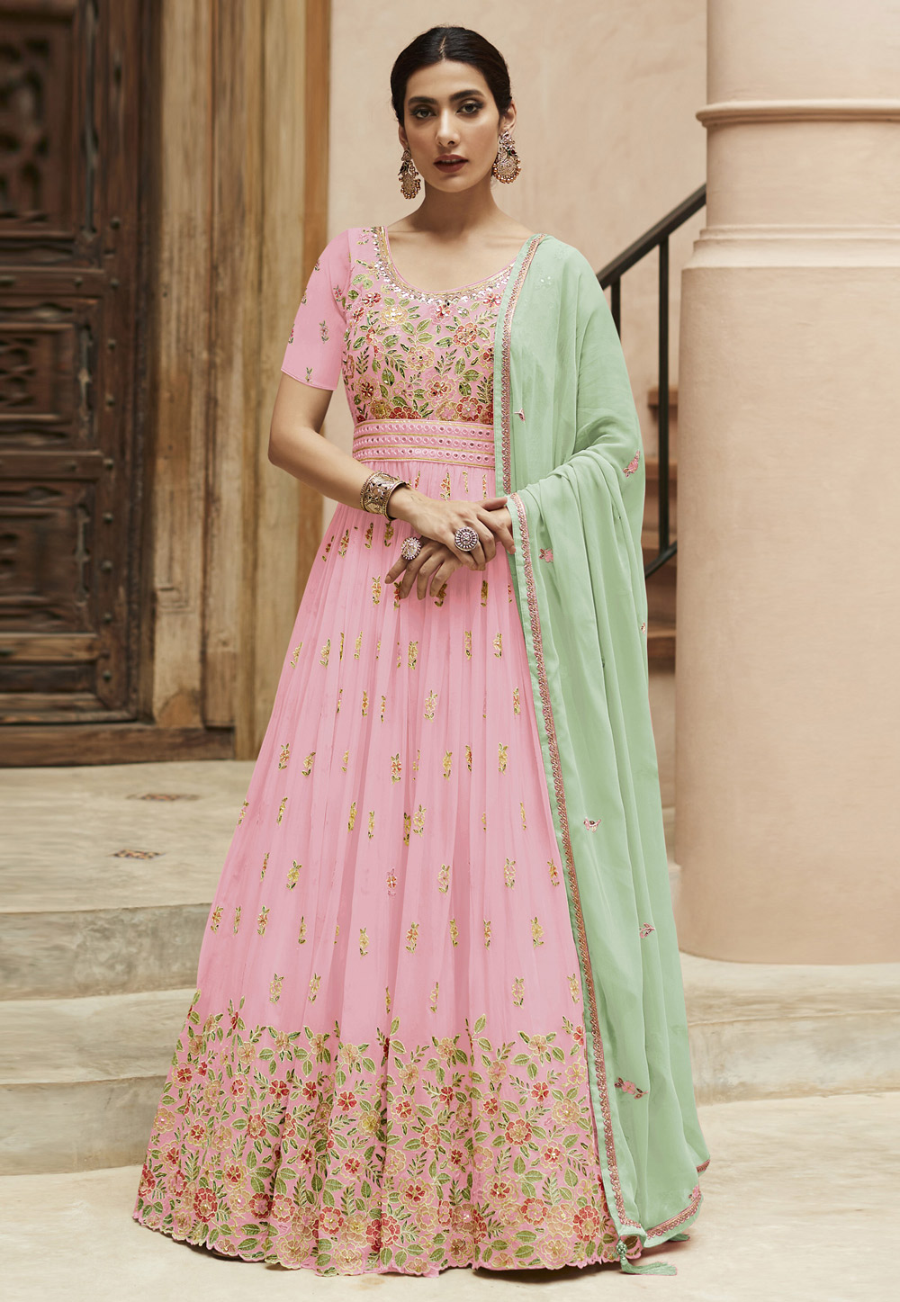 Pink Faux Georgette Abaya Style Anarkali Suit 266069