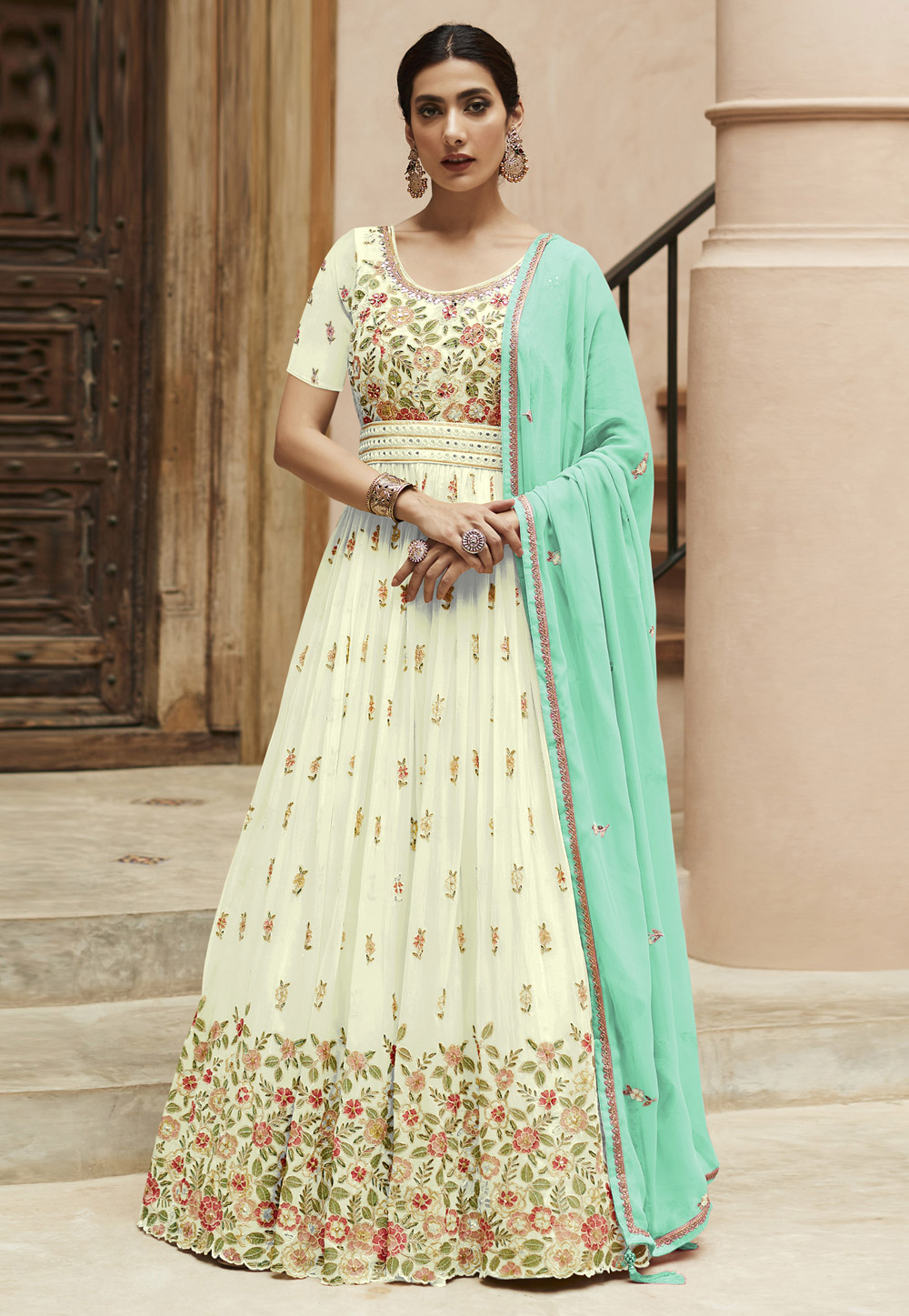 Off White Faux Georgette Long Anarkali Suit 266070