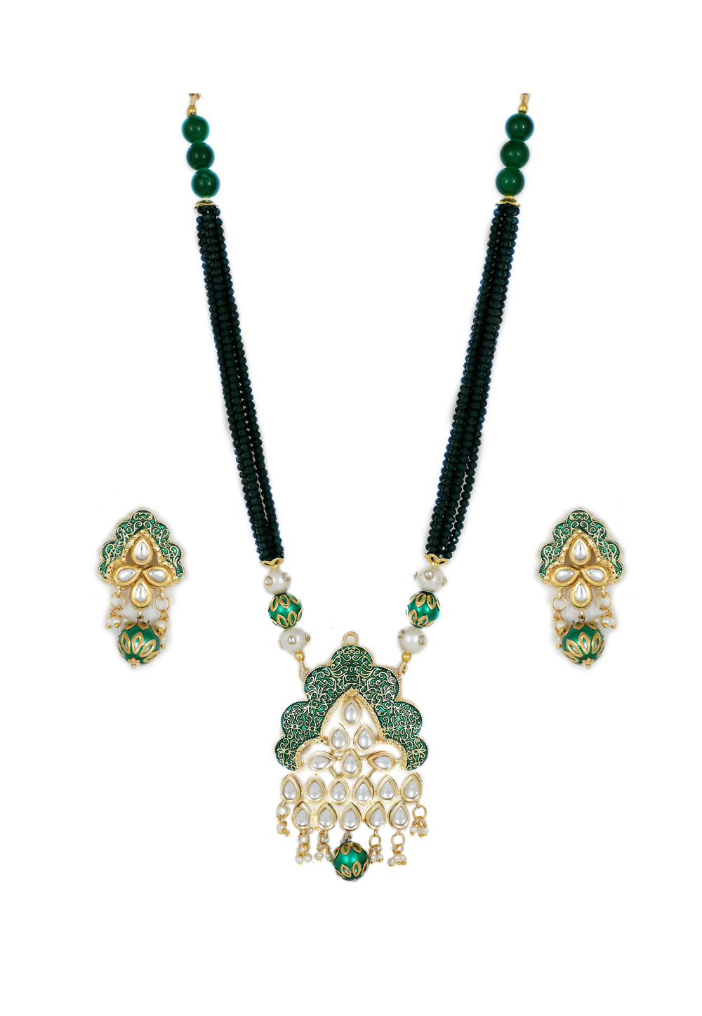 Green Brass Kundan Necklace Set With Earrings 161204