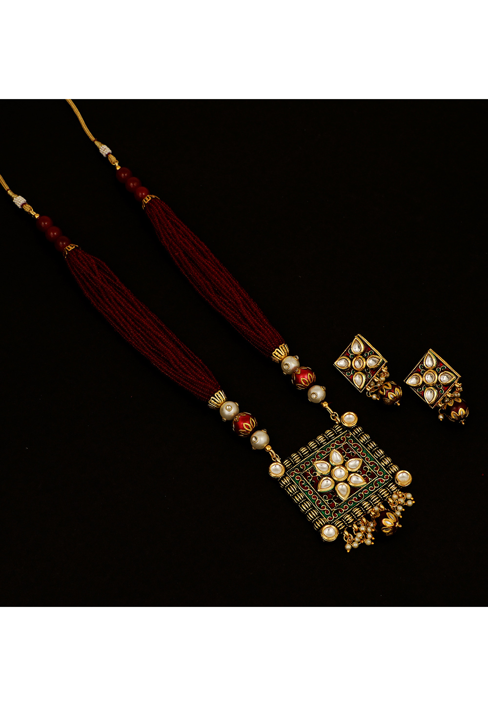 Red Brass Kundan Necklace Set With Earrings 161205