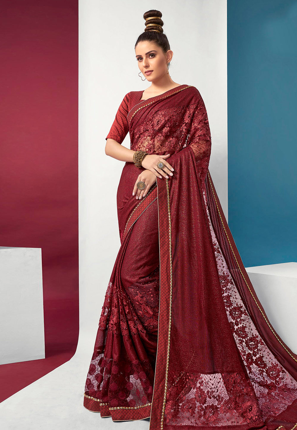 Maroon Lycra Saree With Blouse 200717