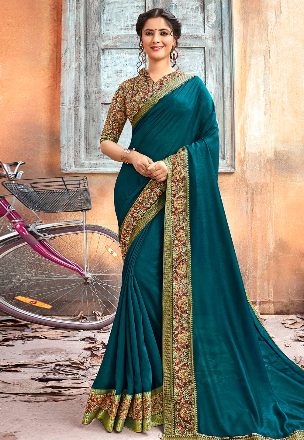 Teal Blue Chanderi Silk Saree With Blouse 200824