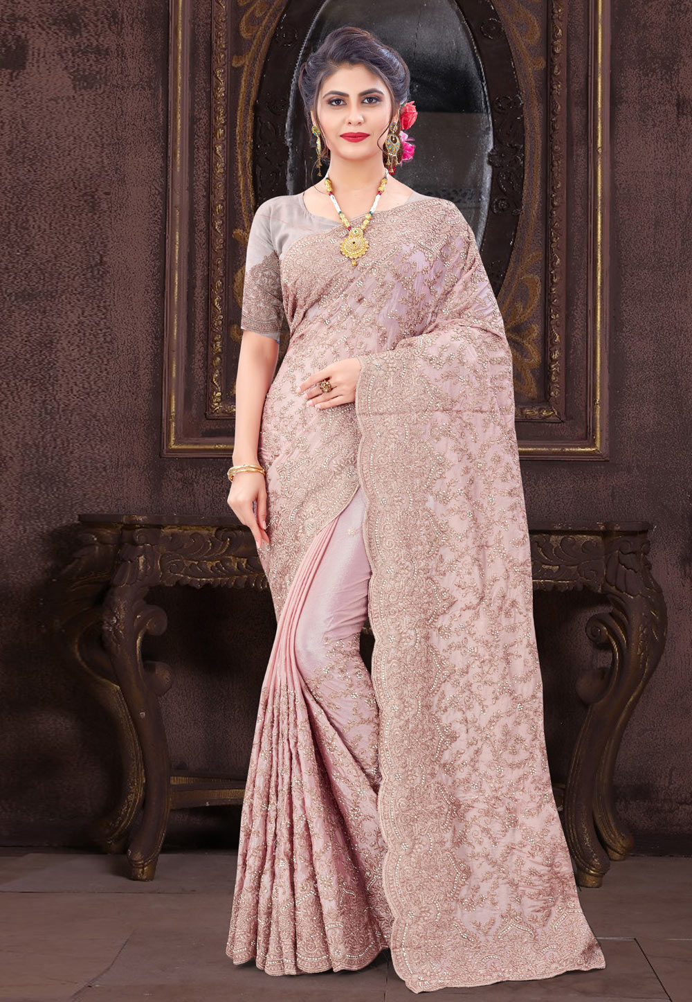 Buy Blush Pink Pure Chinon Hand Block Print Work Saree Party Wear Online at  Best Price