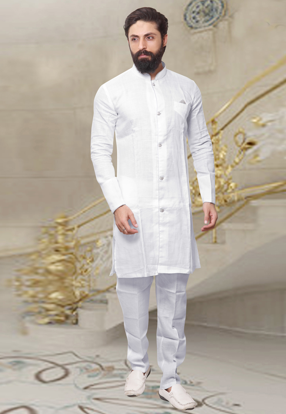 White Banarasi Readymade Kurta Pajama 200685