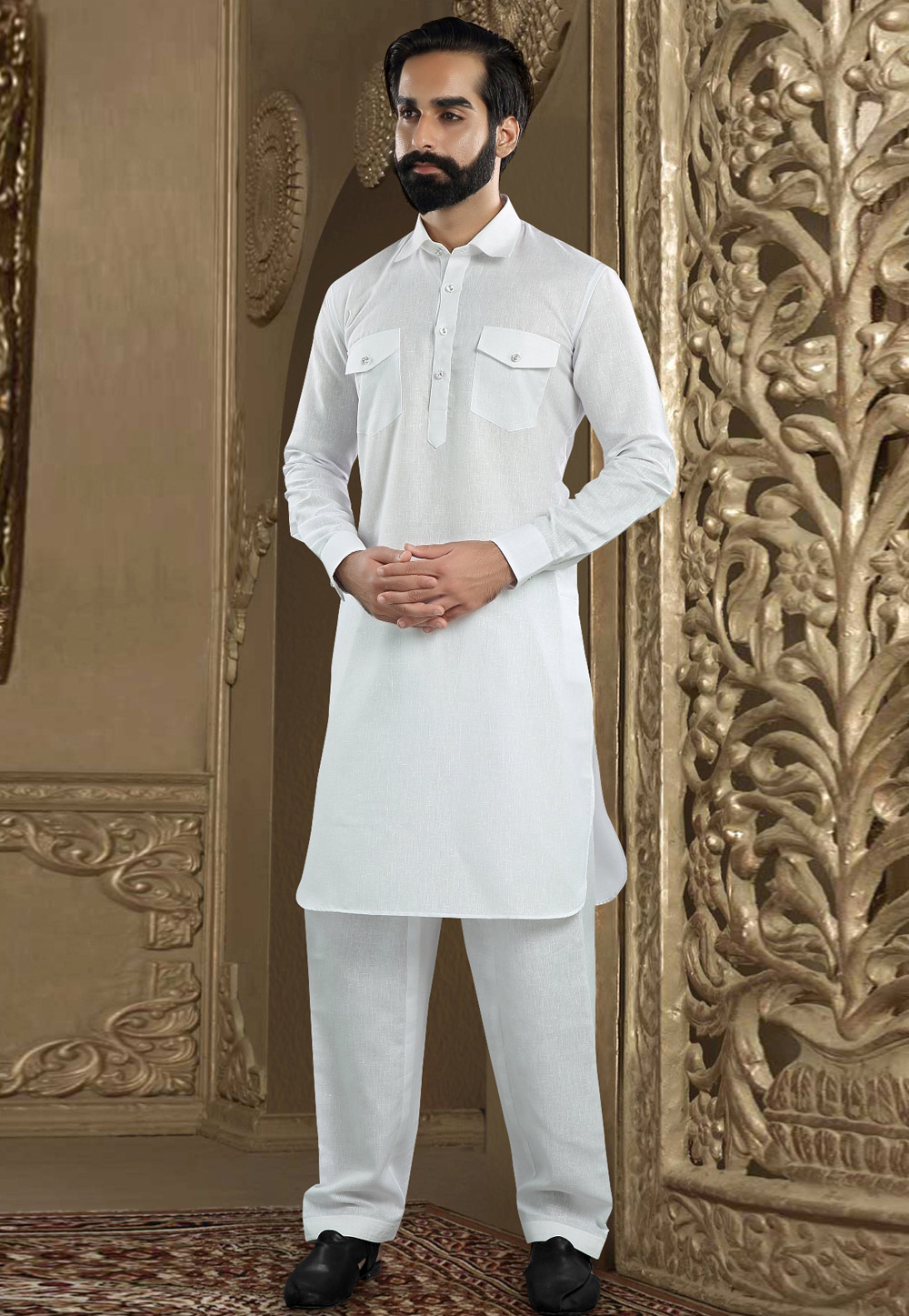 White Banarasi Readymade Pathani Suit 200686