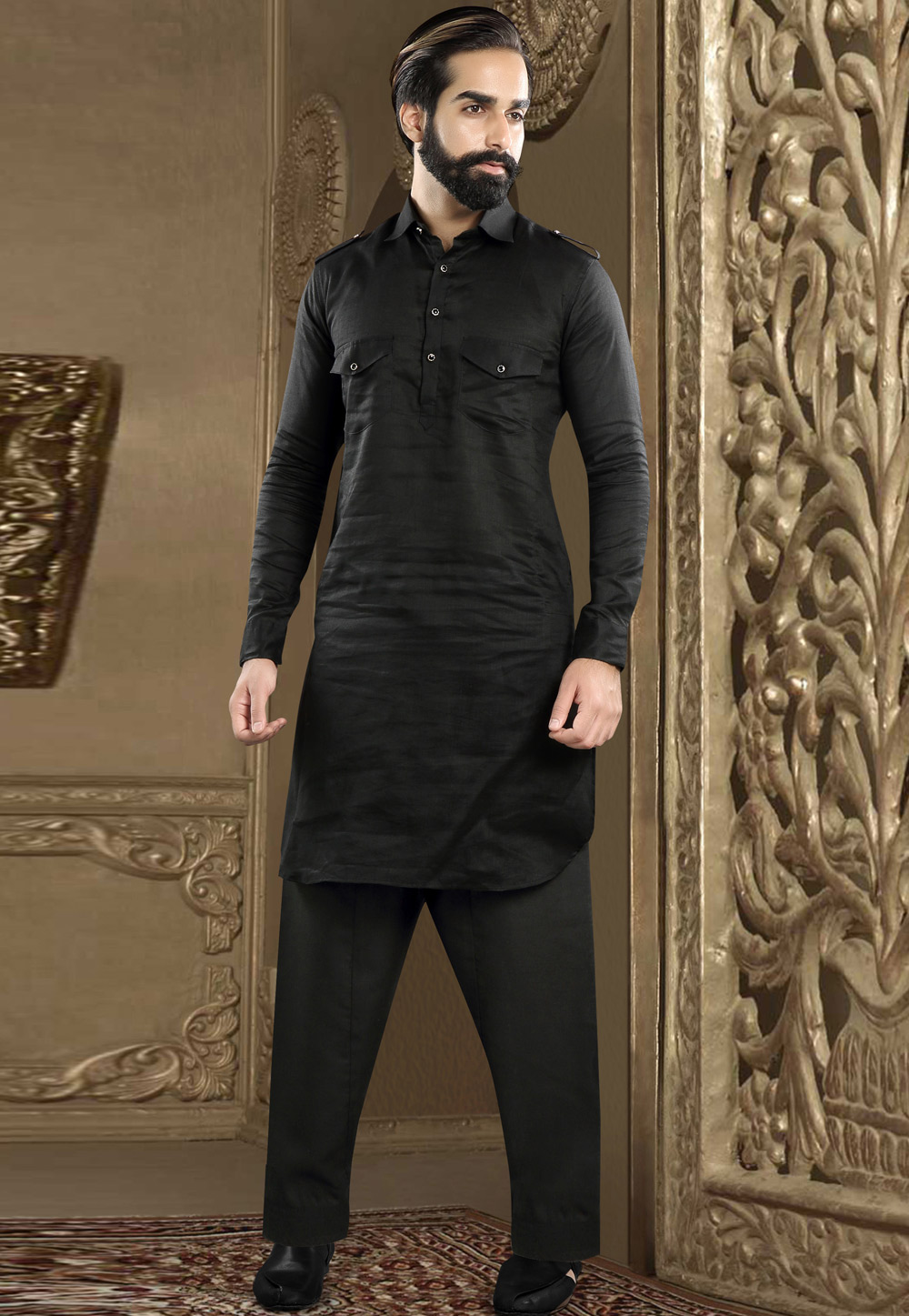 Black Banarasi Readymade Pathani Suit 200687
