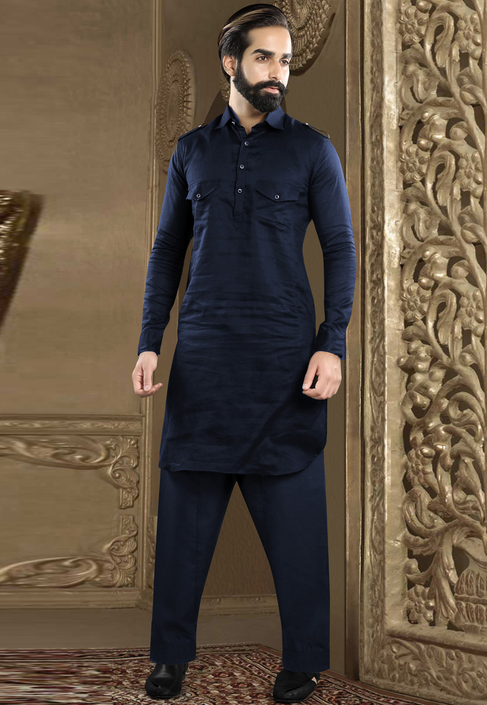 Navy Blue Banarasi Readymade Pathani Suit 200689