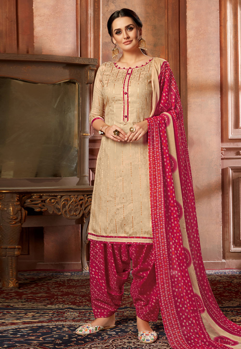 Beige Jacquard Punjabi Suit 200710