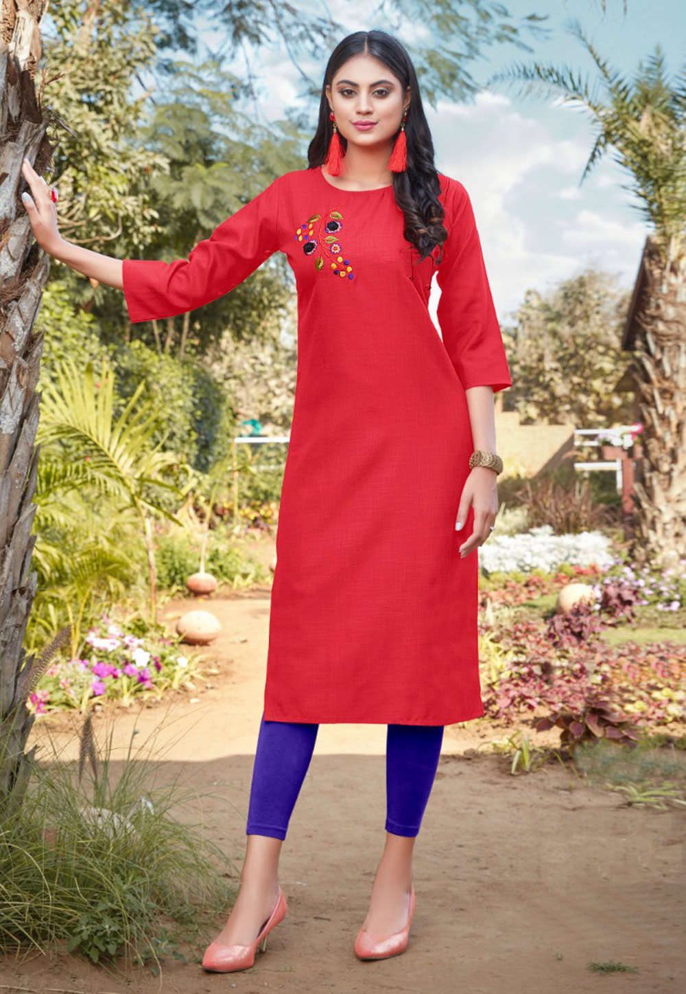 Red Cotton Readymade Tunic 201374