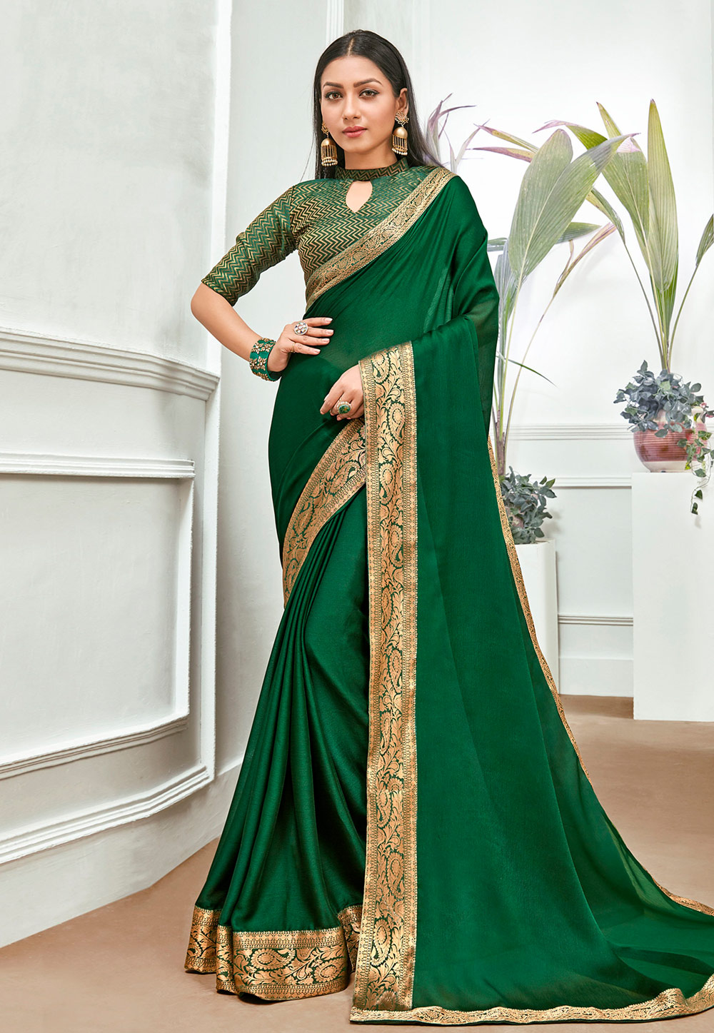 Green Chiffon Saree With Blouse 201201