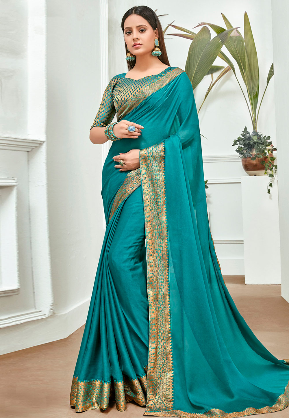 Turquoise Blue Chiffon Saree With Blouse 201207