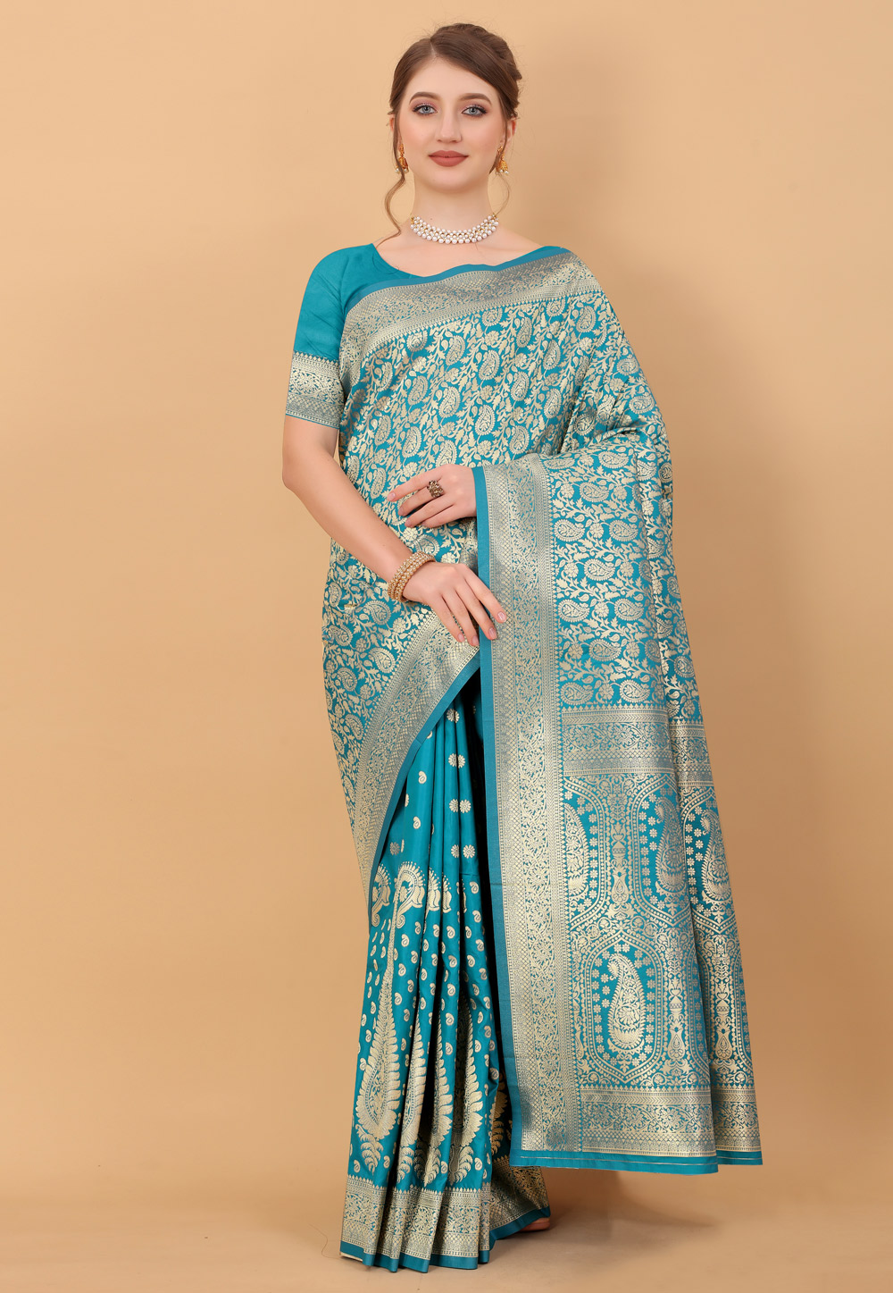 Turquoise Silk Saree With Blouse 244527