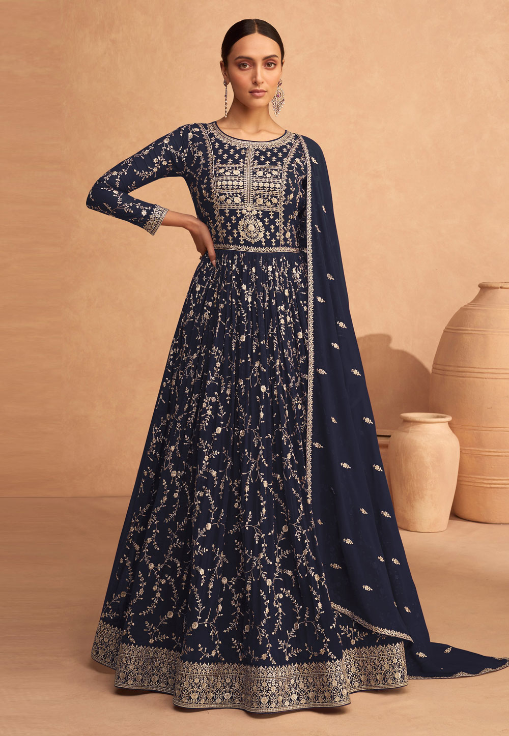 Navy Blue Faux Georgette Embroidered Long Anarkali Suit 265341