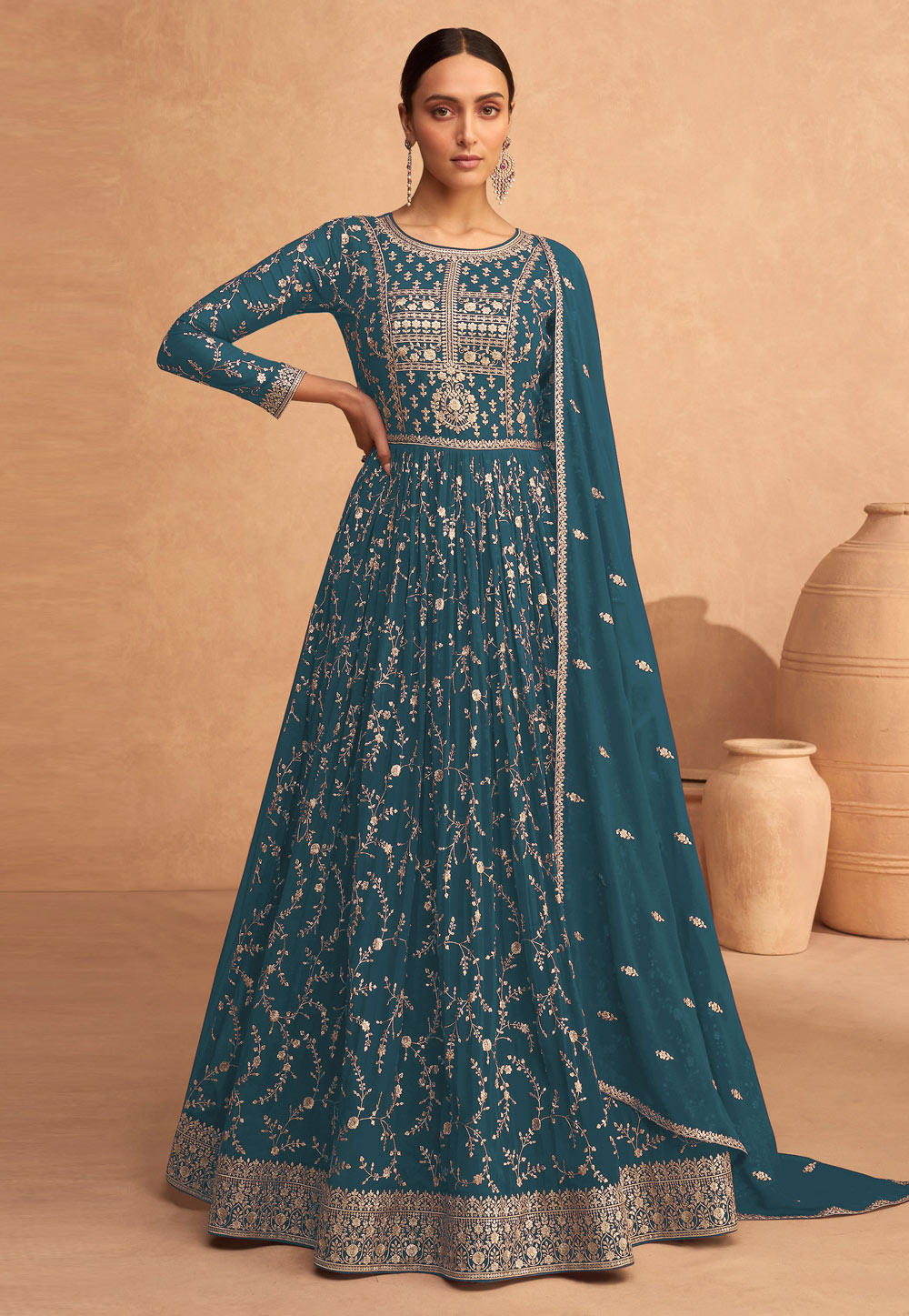 Teal Faux Georgette Embroidered Abaya Style Anarkali Suit 265342