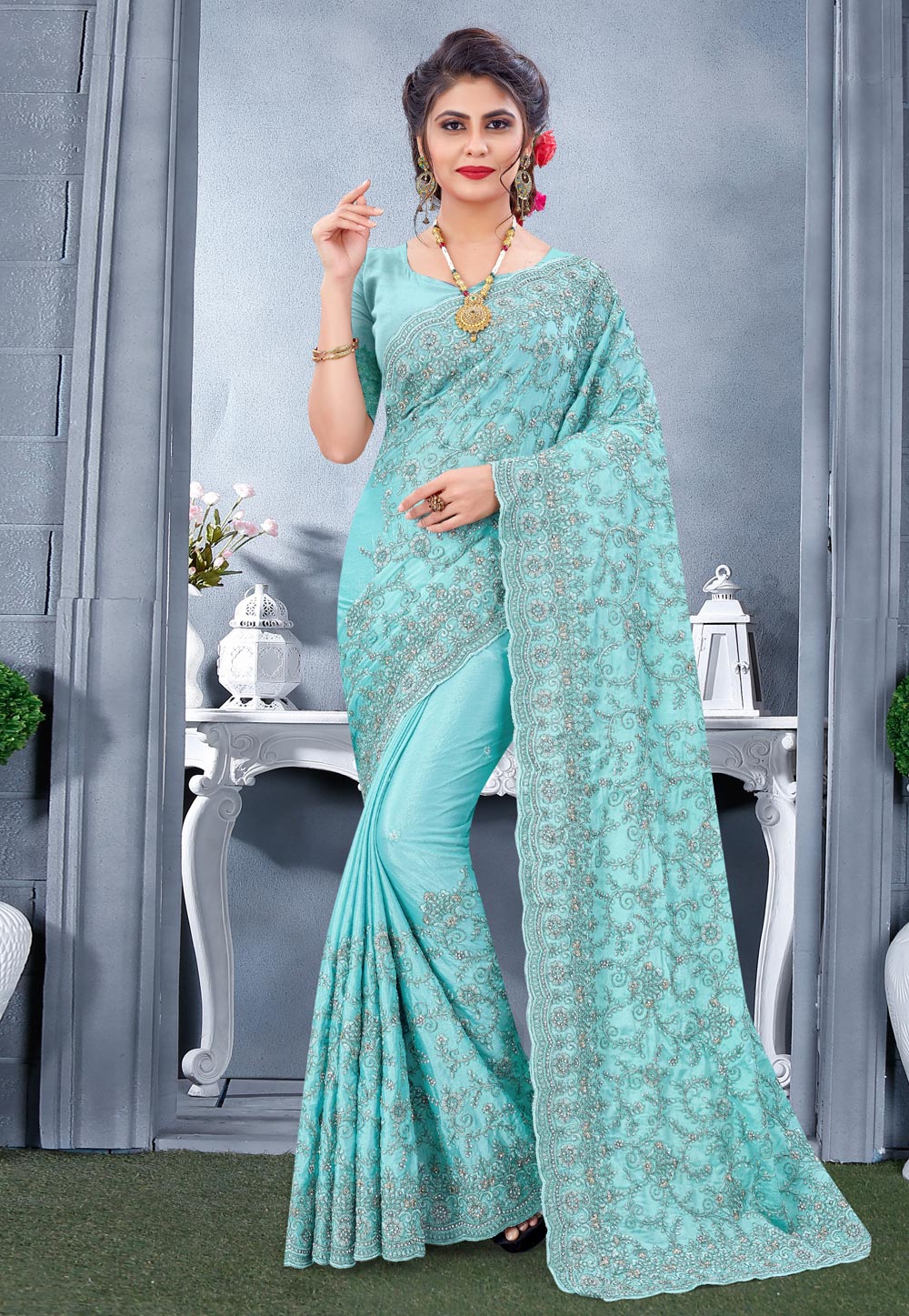 Sky Blue Chinon Festival Wear Saree 231645