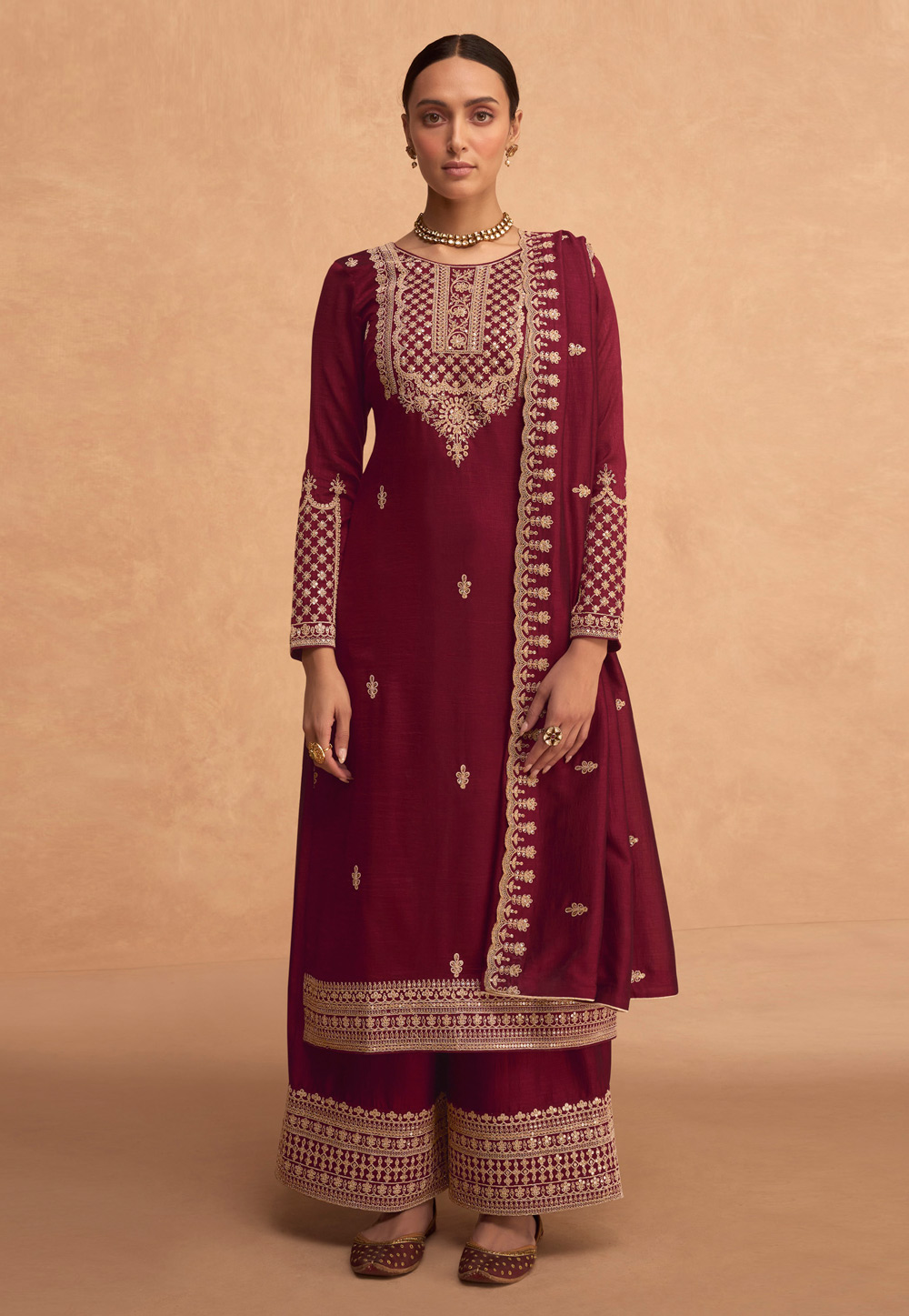 Maroon Faux Georgette Palazzo Suit 263076