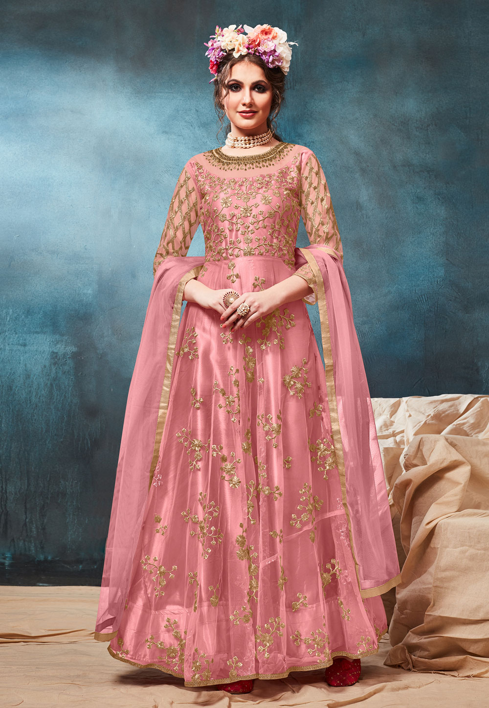 Pink Net Long Anarkali Suit 186339