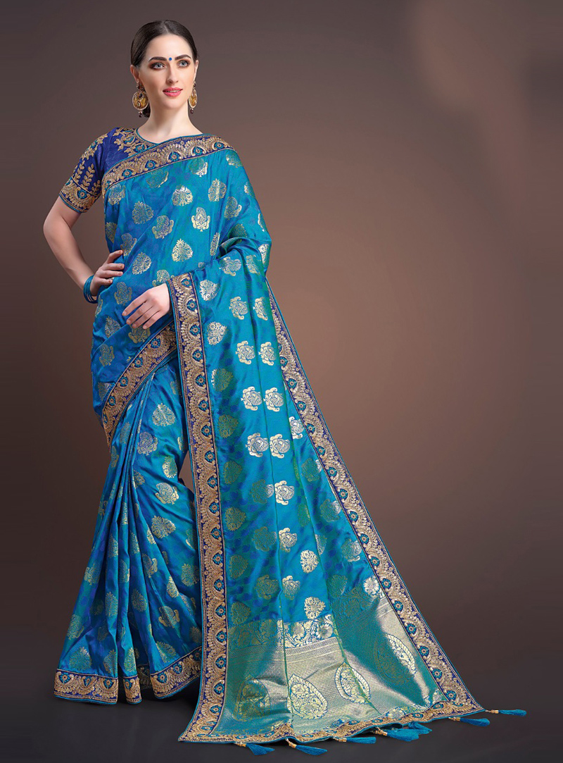 Sky Blue Silk Festival Wear Saree 126444