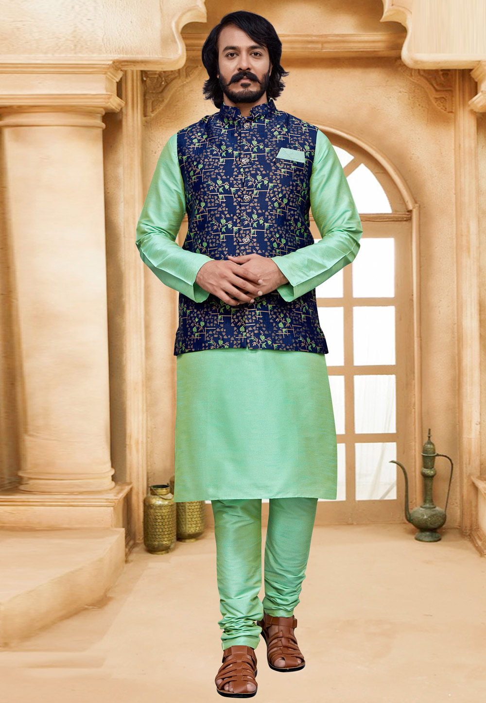 Modi Jacket for Men Kurta Pajama Jacket Set Green Customized Plus Size  Dress for Men RKL-MD-4606-155920 – iBuyFromIndia
