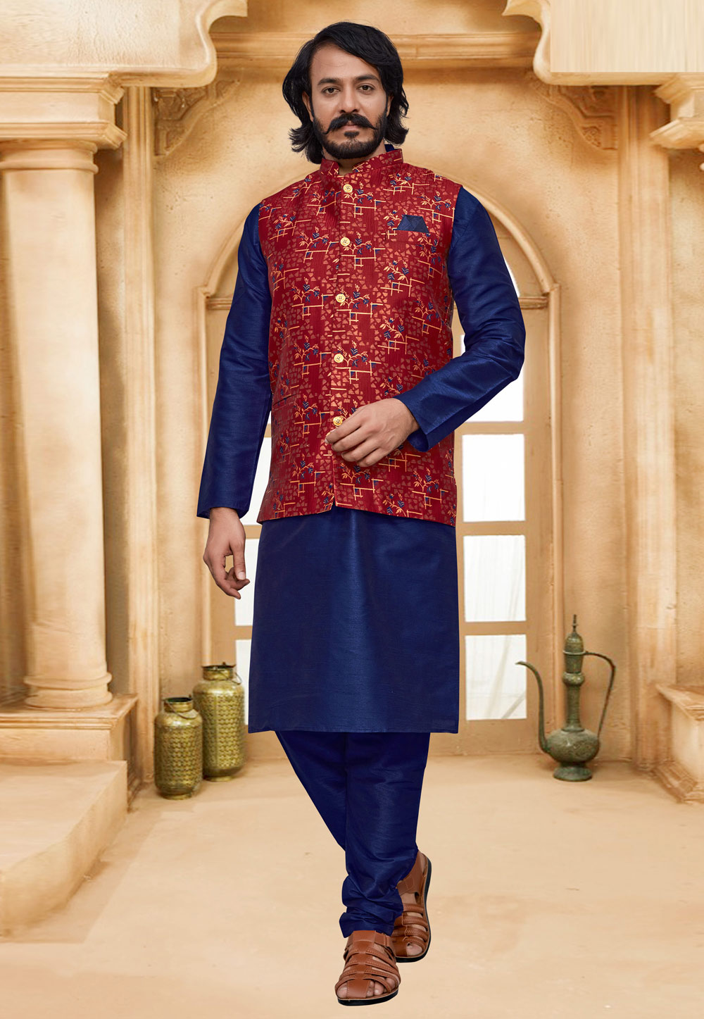 Buy Mustard Nehru Jacket And Navy Blue Kurta Set With Patola Printed Jaal  Online - Kalki Fashion