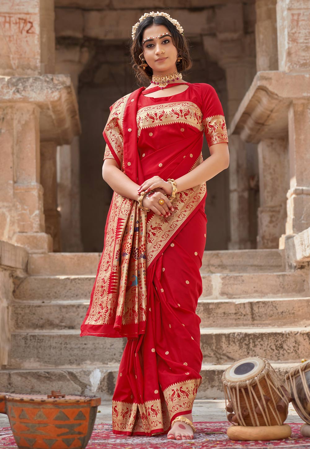 Red Banarasi Silk Saree With Heavy Border 243217
