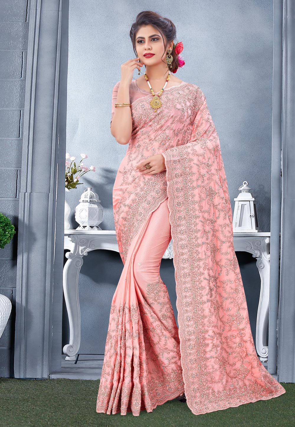 Pink Chinon Saree With Blouse 231646