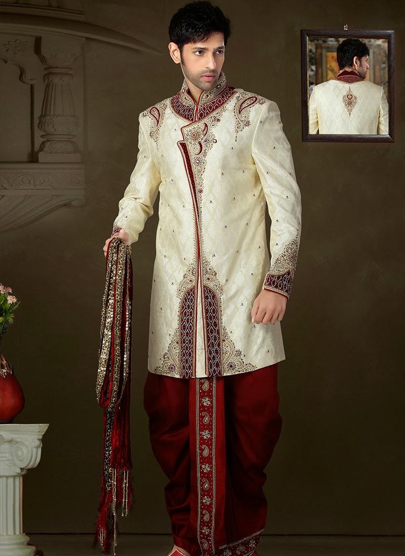 Cream Brocade Sequin Work Wedding Dhoti Sherwani 41024