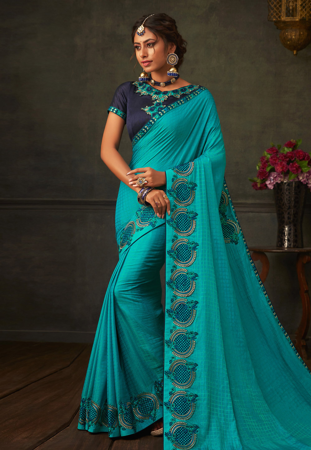 Turquoise Poly Silk Festival Wear Saree 201161