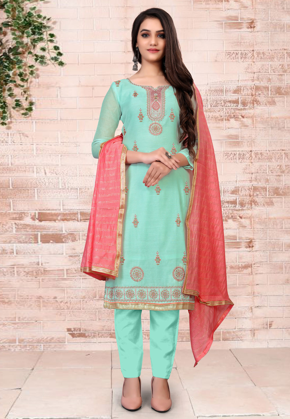 Sea Green Chanderi Pant Style Suit 233186