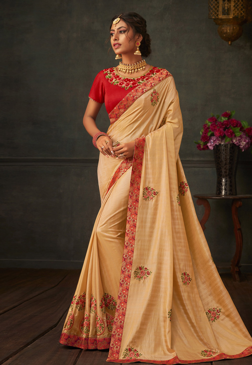 Beige Poly Silk Saree With Blouse 201168
