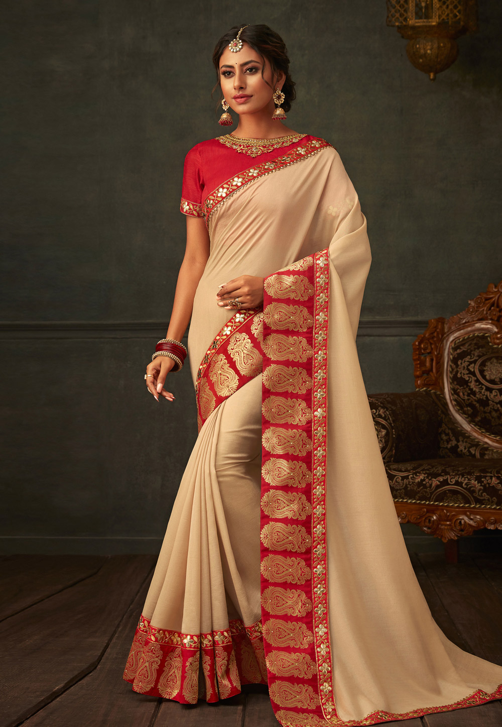 Beige Poly Silk Saree With Blouse 201174
