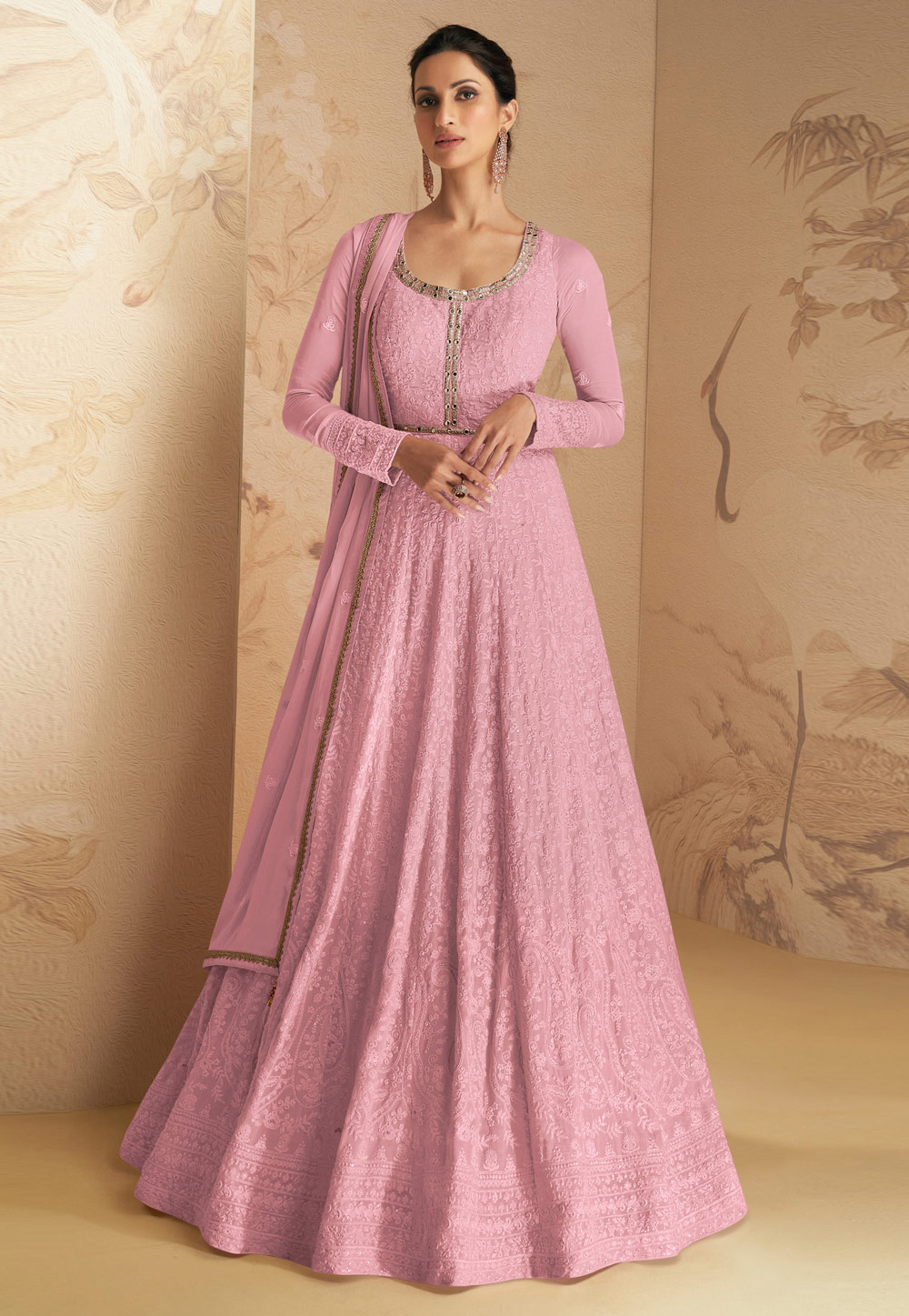 Pink Faux Georgette Embroidered Long Anarkali Suit 263957
