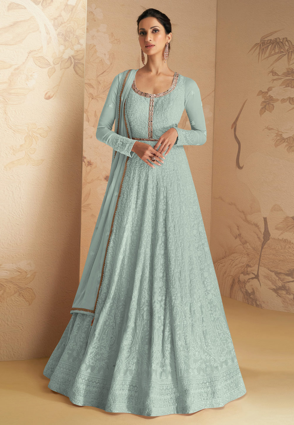 Sea Green Faux Georgette Embroidered Abaya Style Anarkali Suit 263958