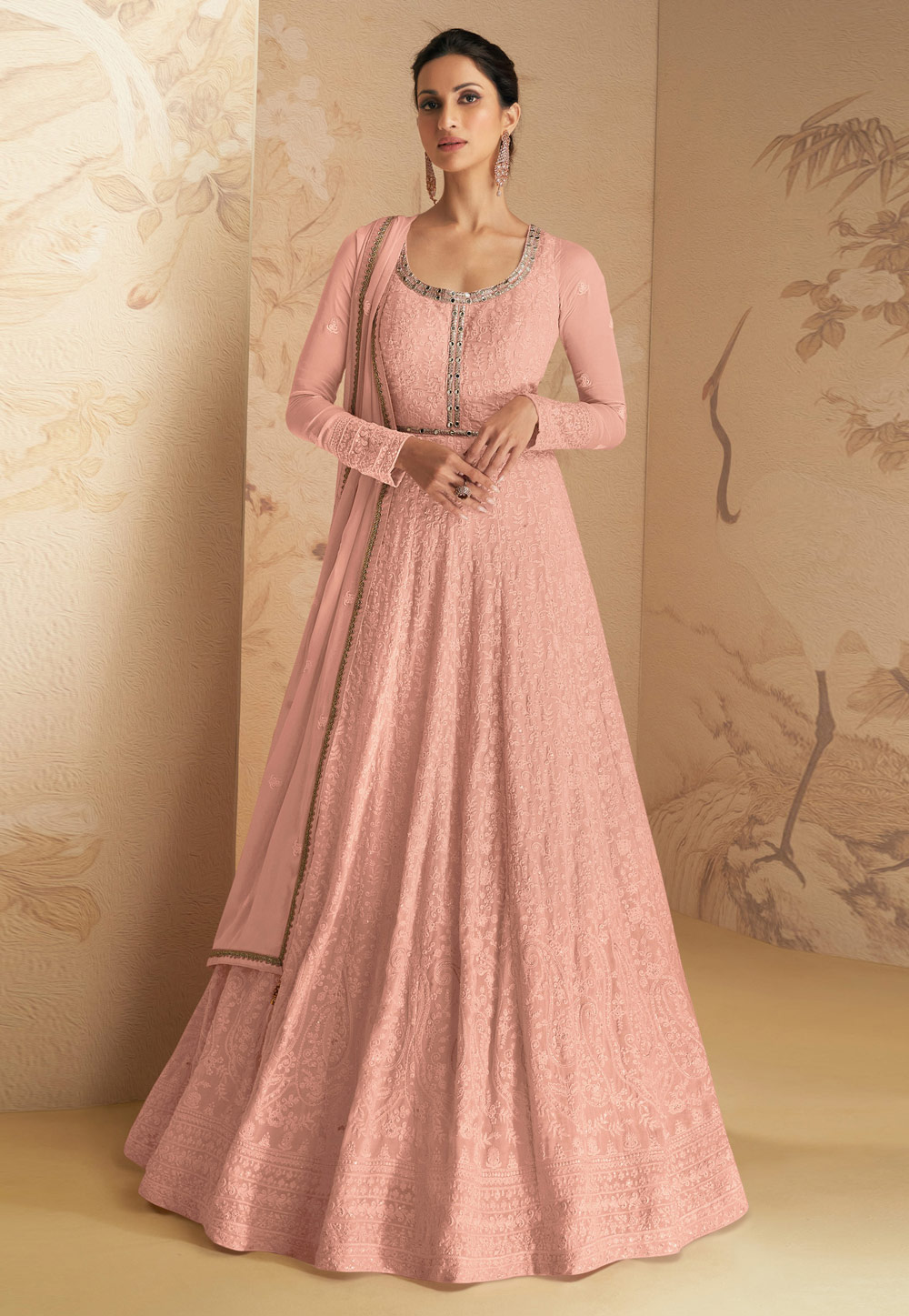 Peach Faux Georgette Embroidered Long Anarkali Suit 263959